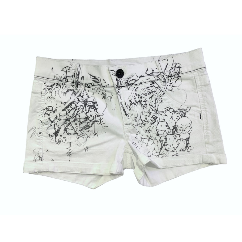 Miss Sixty White Graffiti Cuffed Jean Shorts